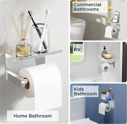 FORIOUS Toilet Paper Holder with Shelf, Adhesive or Screw, Commercial | Brushed Nickel | Wall Mount Bathroom Tissue Holder | SUS304 Stainless Steel Rustproof | Bathroom Tissue Roll Holder
