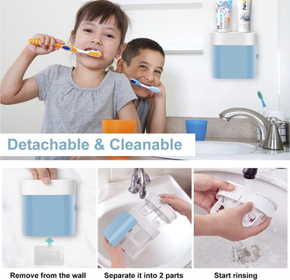 GFWARE Toothbrush Holder Toothpaste Dispenser Wall Mounted with Cover, 4 Slots Tooth Brush Storage Organizer with Automatic Kids Toothpaste Squeezers for Shower Bathroom Black | Automatic Toothpaste dispenser for Kids, Bathroom Storage Organizer with