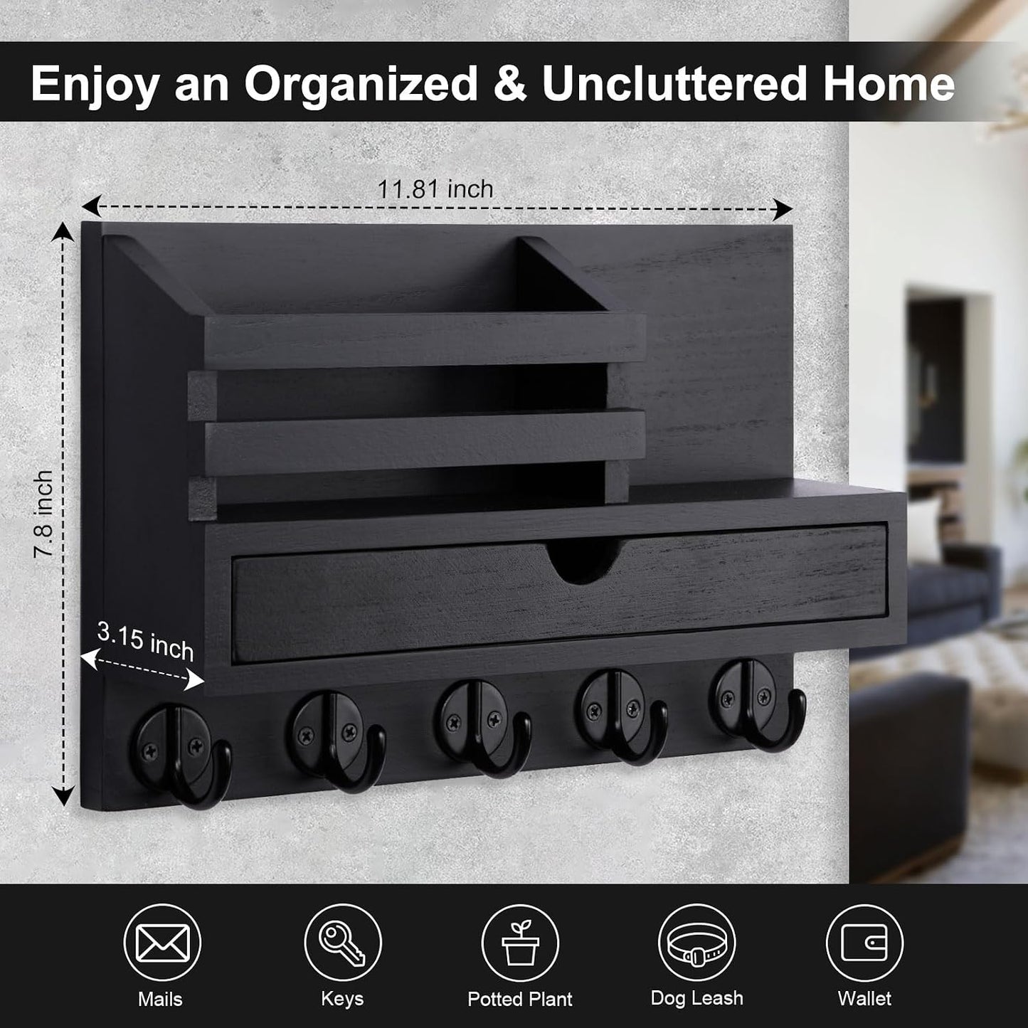 Key Holder Wall Mount, Mail Holder with Storage Drawer | Key and Mail Holder with 5 Key Hooks for Coat, Dog Leash, Home Decor Rack, House Accessories, Entry Way Organizer