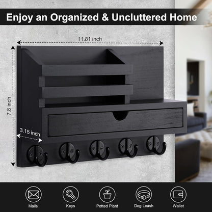 Key Holder Wall Mount, Mail Holder with Storage Drawer | Key and Mail Holder with 5 Key Hooks for Coat, Dog Leash, Home Decor Rack, House Accessories, Entry Way Organizer