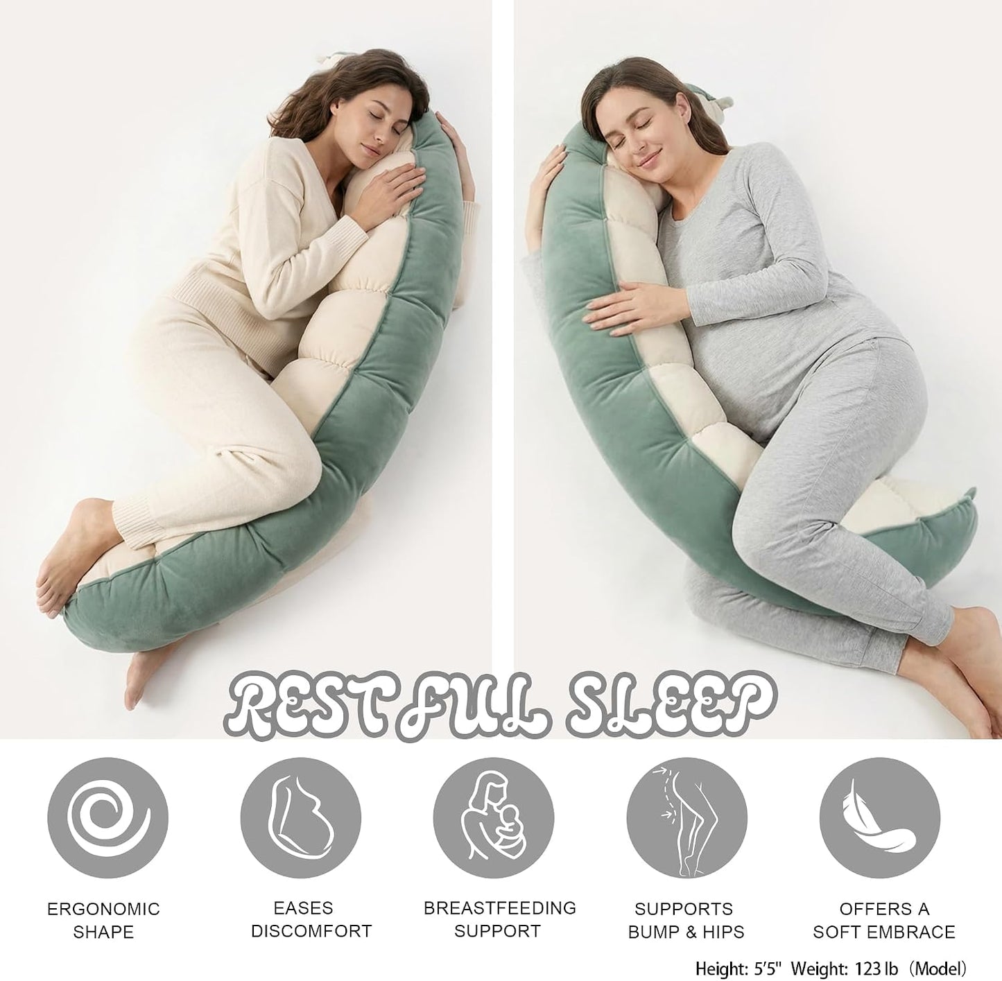 Peallow(Pat. Pend) – Long Round Body Pillow for Adults, Bolster Pillow for Sleeping, Soft and Supportive Pillow for Sleeping & Lumbar Support (Green-White, 29.5")