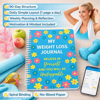90-Day Weight Loss Planner – Spiral Bound Fitness & Wellness Journal with Daily & Weekly Trackers, Meal Planning, Habit & Workout Logs, 100 GSM No-Bleed Paper, Waterproof PVC Cover