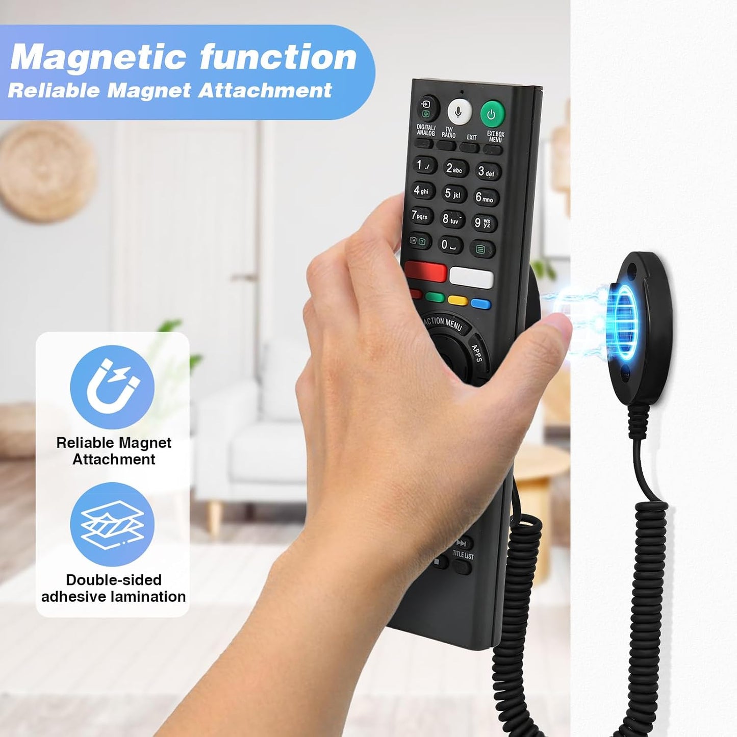 Magnetic Remote Control Holder and Remote Holder with Retractable Leash, Wall Mount for TV Remote, Couch and Bedside, No Drill Adhesive Pad, 2 Pack Black