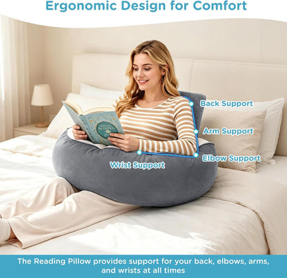 Ergonomic Reading Pillow with Arm & Back Support, U-Shaped | Long Round Lap Pillow, For Side Sleep, Crochet, Game, Work, Siting In Bed & Sofa, Short-pile Fabric, Memory Foam, Dark Grey