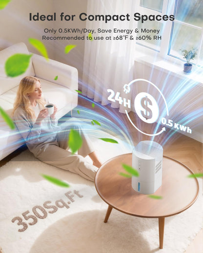 Small Dehumidifier,35OZ,25dB Quiet for Bedroom Bathroom Closet | 350 Sq.Ft, Energy Saving, Auto Defrost, Auto Shut-off, Colorful lights, for Wardrobe Office & RV, White