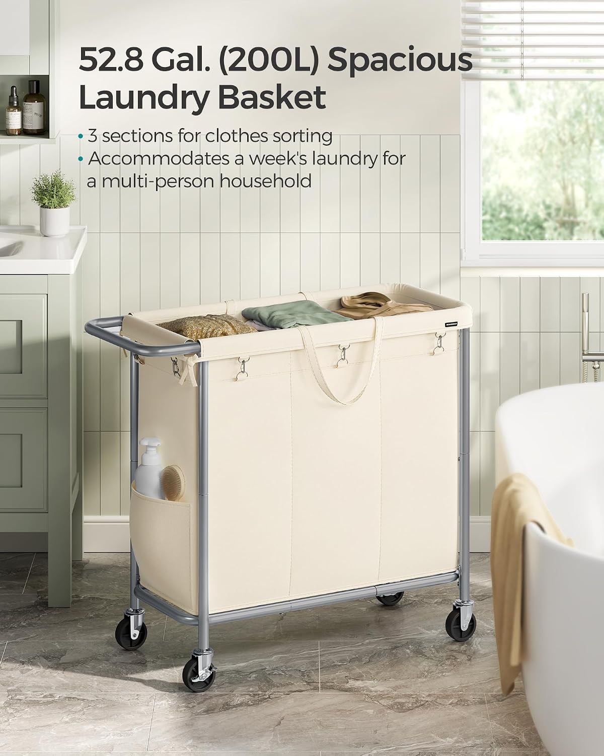 SONGMICS Laundry Basket with Wheels, 4-Section Rolling Laundry Hamper, 68.6 Gallons (260 L), Removable Liner, Steel Frame with Handle, 43.3 x 15.4 x 31.9 Inches, Cream White URLS014W01