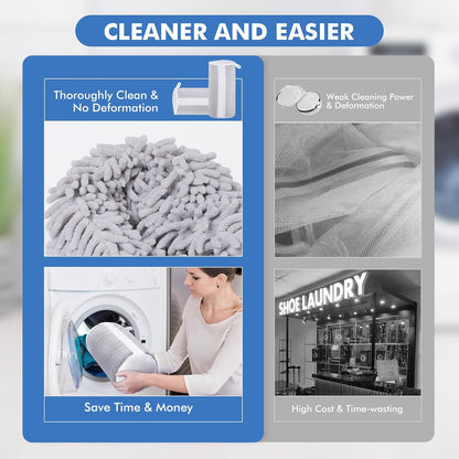 Shoe Washing Bag for Washing Machine, Fluffy Fibers Keep 360° Wrap-around Cleaning, Adjustable Shoe Trees, Durable Hidden Zipper Reusable Laundry Bag for Sneaker Gym Shoes White