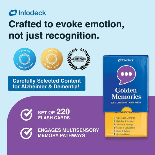 Golden Memories – 220 Conversation Cards for Seniors with Dementia & Alzheimer’s – Meaningful Conversations & Memory Activities for Solo or Group Engagement | Infodeck