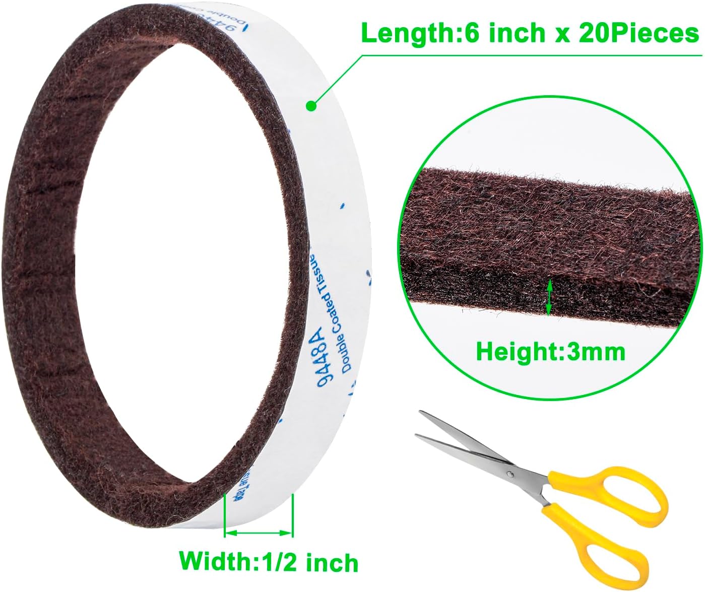 Felt Strips with Adhesive Backing, Felt Tape with Adhesive Backing, Felt Furniture Strips 2 Pack Roll 1/2x 60 Inches Black, Felt Strips for Furniture