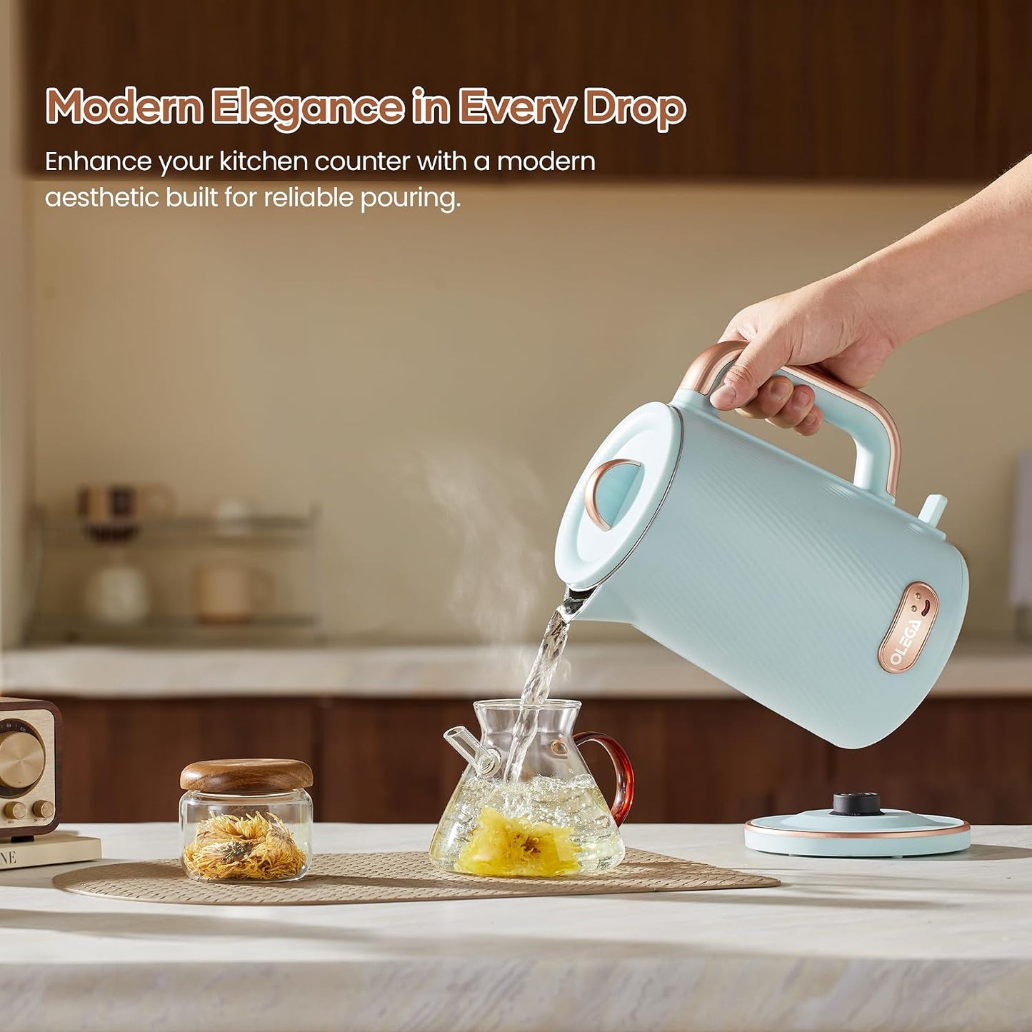 OLEGA Electric Tea Kettle: 1200W Fast Boil Electric Water Kettles 1.5L | Stainless Steel Kettle; Large Electric Water Kettle; Plastic Free Teapot; Auto Shut-Off Water Boiler; Fast Boil Kettles