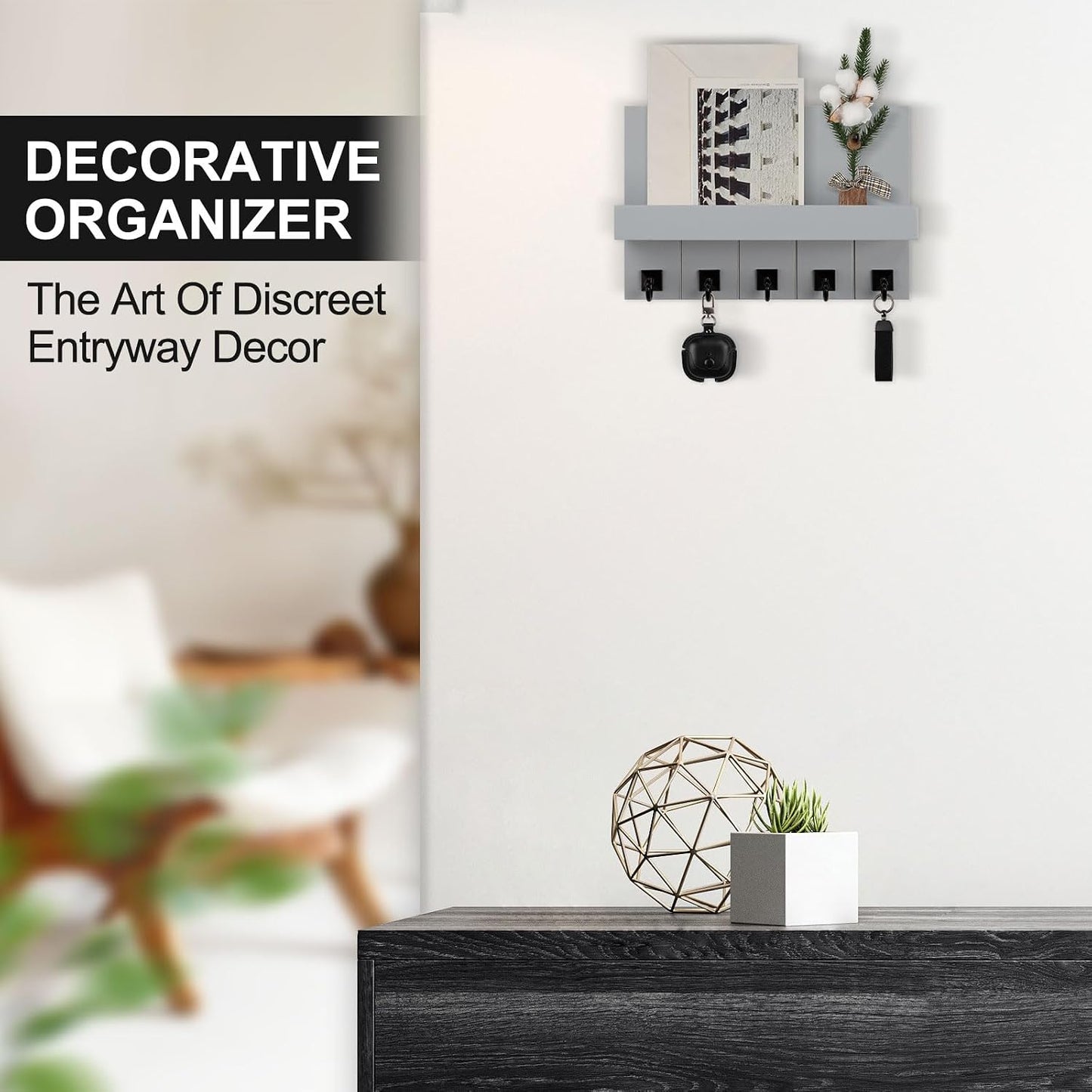 Key Holder for Wall, Decorative Key Holder with Shelf | Key and Mail Holder Wall Mount, Farmhouse Decor with 5 Key Hooks for Keys, Coats, ect.