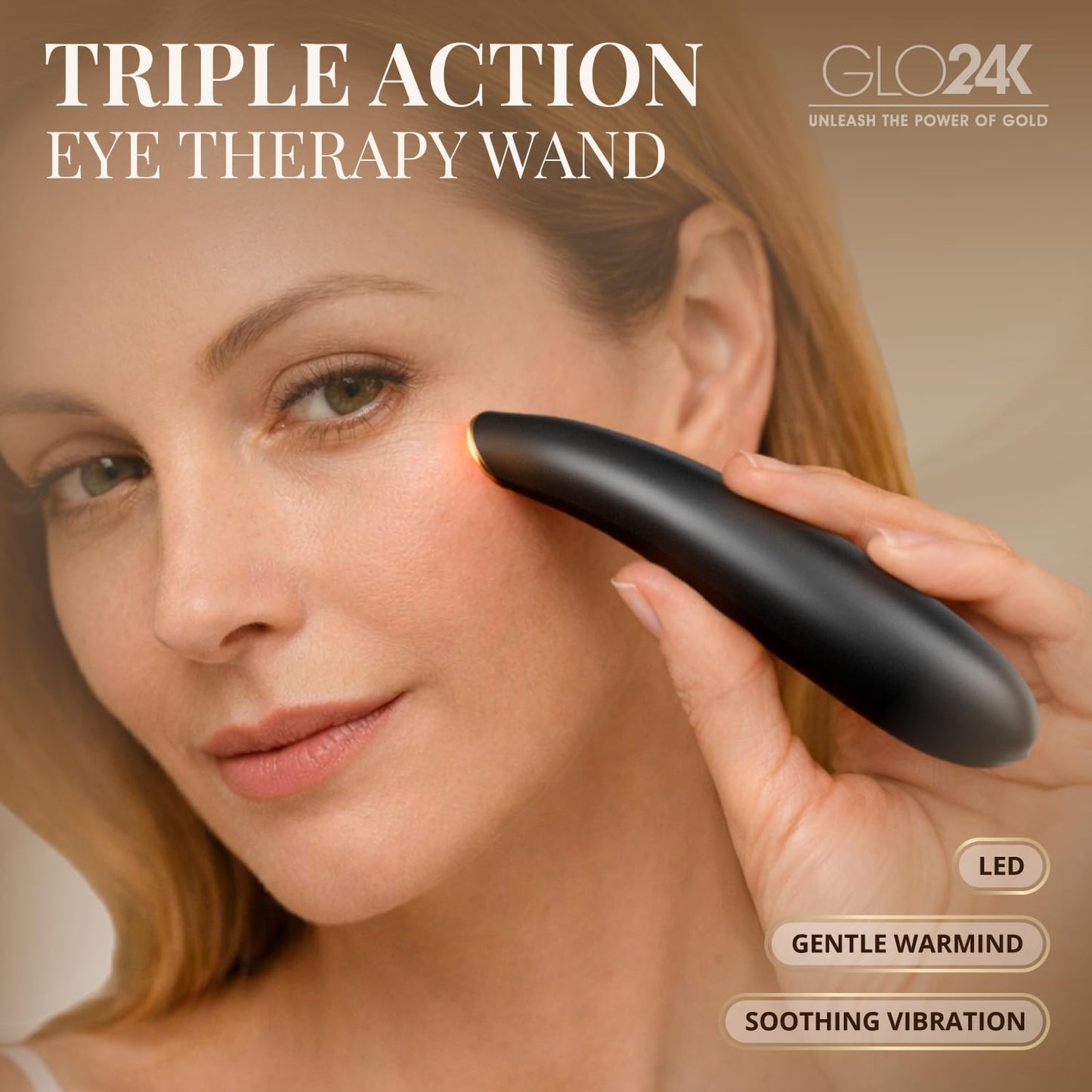 GLO24K Heated Eye Wand & Eye Massager Tool - Gentle Warmth & Vibration for Smoother-Looking Skin, Refreshing Under-Eyes Massage, Portable Beauty Device