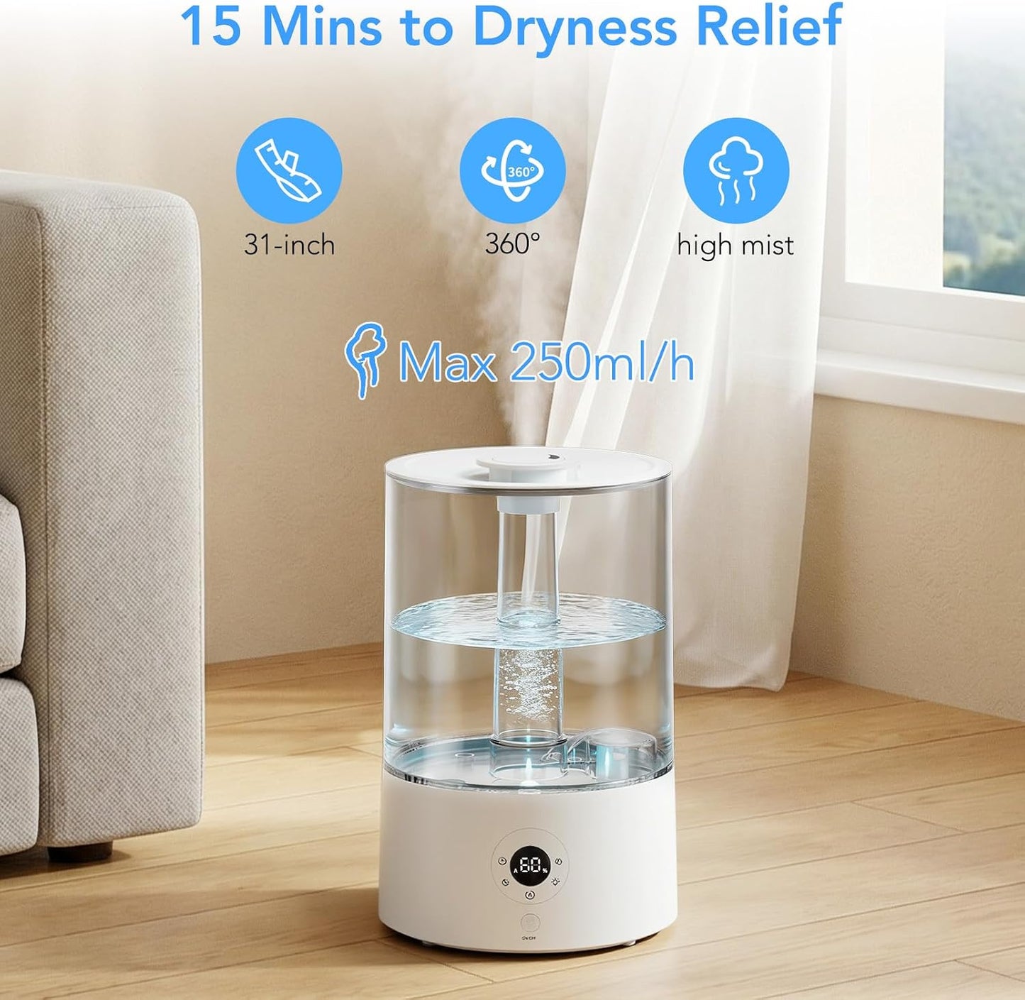 Electactic 4L Top Fill Humidifier for Bedroom, Auto Constant Humidity, Smart Control, Quiet Ultrasonic Cool Mist, 360° Nozzle, 3 Mist Levels, 7-Color Light for Home Office Baby Room