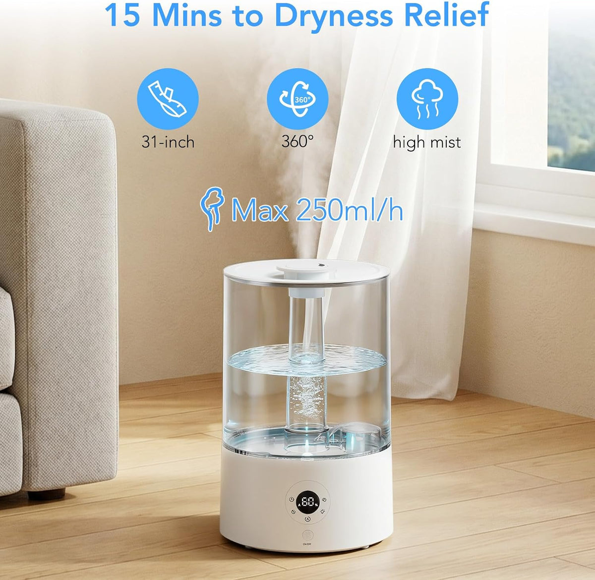 Electactic 4L Top Fill Humidifier for Bedroom, Auto Constant Humidity, Smart Control, Quiet Ultrasonic Cool Mist, 360° Nozzle, 3 Mist Levels, 7-Color Light for Home Office Baby Room