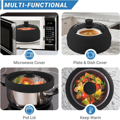 Microwave Splatter Cover Glass,10.5 Inch Collapsible Microwave Cover for Food Glass, Silicone Vented Splatter Guard Lid, Silicone Dish Plate Cover, Dishwasher Safe, Heat Resistant, BPA-Free, Black