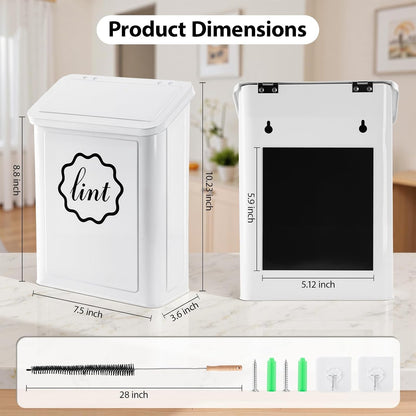 Magnetic Lint Trash Can, Metal Wall Mounted Lint Bin with Lid for Dryer, Laundry Room Organization, Lint Basket with Extended Soft Brush