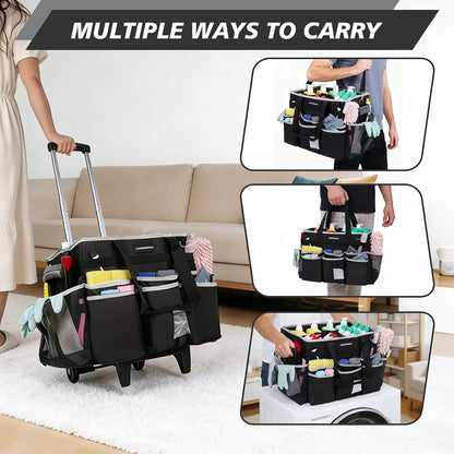 Large Rolling Cleaning Caddy Bag, Cleaning Caddy with Wheels with Detachable Trolley for Housekeepers, Water Resistant Cleaner Supplies Organizer with Wheels for Kitchen, Car, Picnic (Black-Grey)