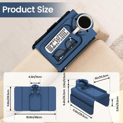 Couch Cup Holder Tray, Silicone Sofa Armrest organizer with Side Pockets for Storage Remotes, Cell-phone,Tablet or Snack, Anti-Spill and Anti-Slip Sofa Arm Tray for Recliner, Armchair Caddy (Blue)