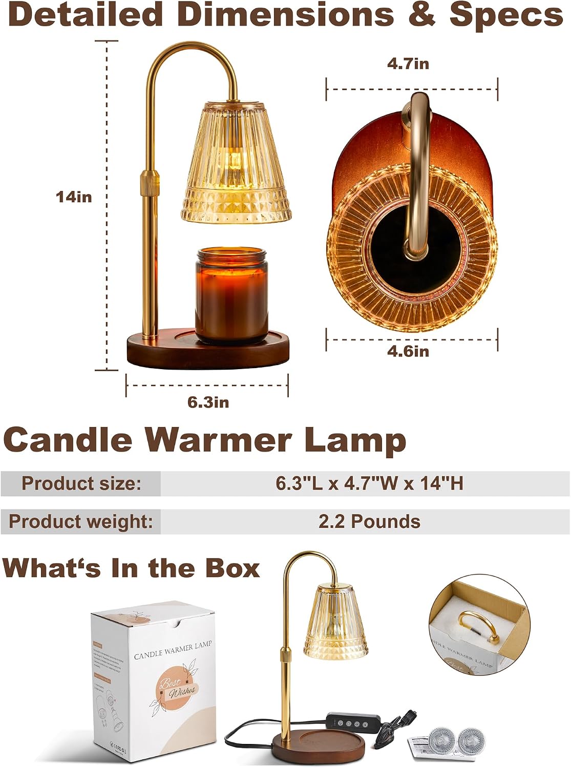 Candle Warmer Lamp with Timer Dimmer, Flameless Candle Warmer for Jar Candles, Height Adjustable Wax Warmer, House Warming Gifts New Home Decor, Birthday Gifts for Women (2 Bulbs Included)