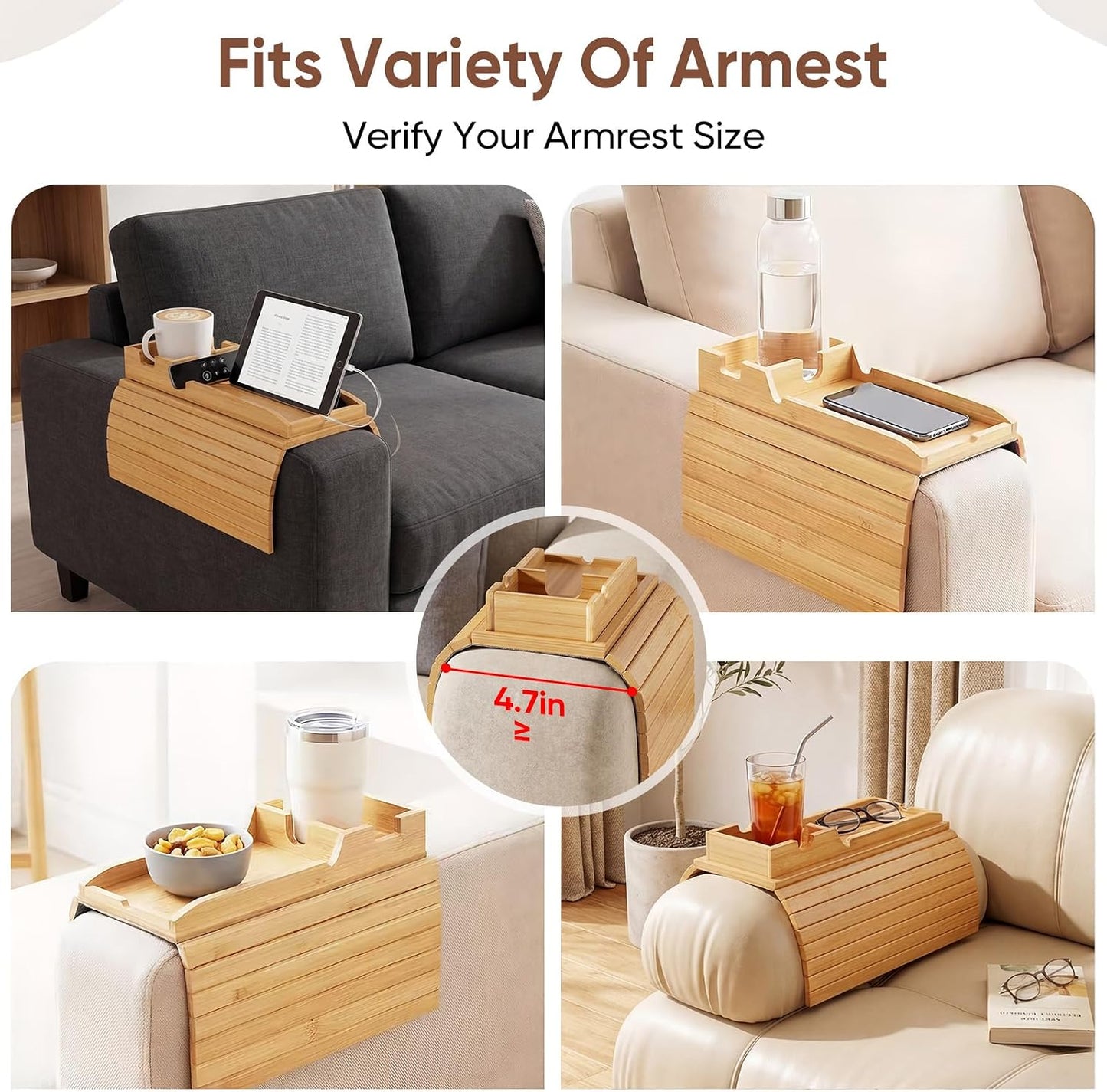 Bamboo Couch Arm Tray Table with Built-in Cup Holder, Foldable Anti-Slip Sofa Armrest Table for Drinks, Phone & Remote, Fits 4.7–16.9 in Armrests, Holds Cups up to 3.5 in Diameter (Bamboo)