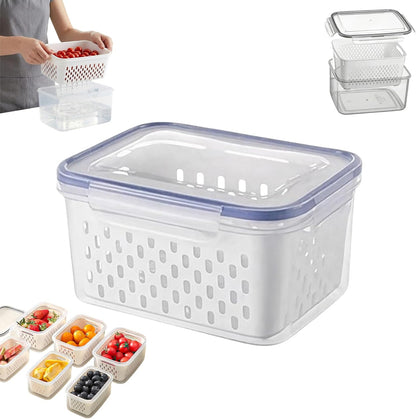 Fruit Storage Containers for Fridge, 4 in 1 Food Storage Container with Removable Colander, Airtight Produce Saver, Stackable Fridge Organizer for Wash, Drain & Store (Gray, S)