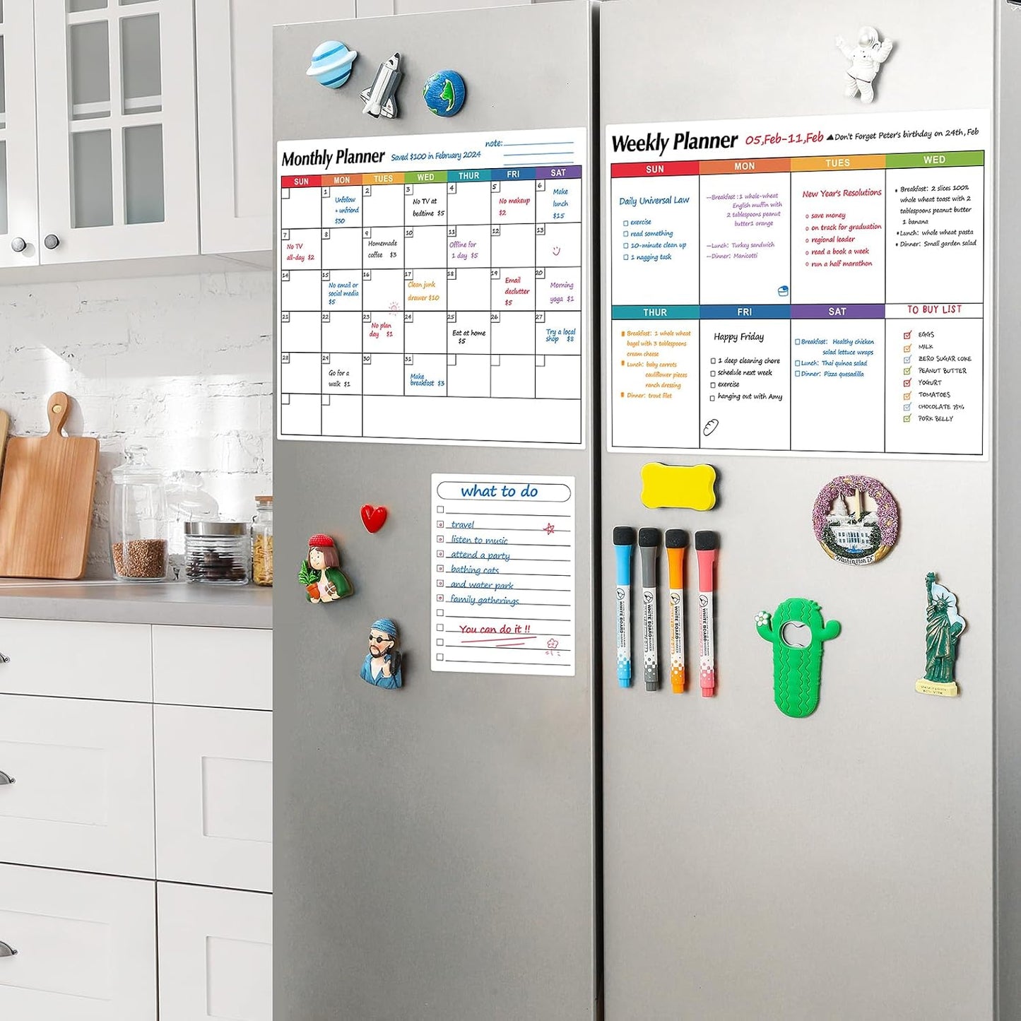 Dry Erase Magnetic Calendar for Refrigerator, 3 Pack- Monthly & Weekly & Daily Planner Magnet Whiteboard for Fridge Wall Door - Shopping, Meal/Menu, To Do List, Family Schedule Planning Board, 14"x11"