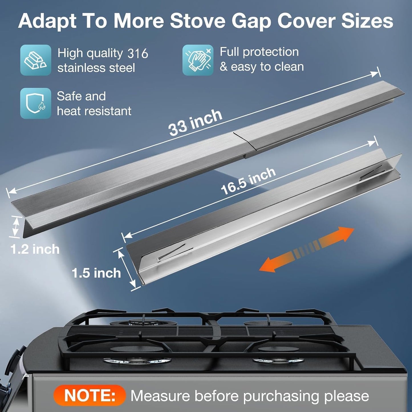 2PCS Kitchen Stove Counter Gap Covers Stainless Steel (13.8"-27.5" Black) | Cooktop Trim Kit, Stove Gap Guards, Oven Gap Filler, Easy to Clean, Heat Resistant & Effectively Protect Stove Gap Filler