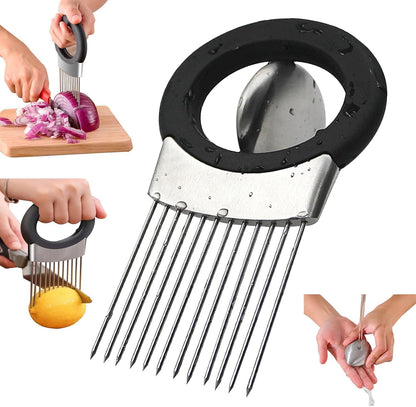 Onion Holder & Lemon Slicer Cutter Tool – Stainless Steel Vegetable & Fruit Slicing Assistant for Easy, Safe Cutting (Silver)