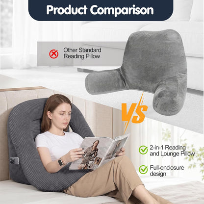 Reading Pillow for Bed, Backrest Pillow with Arms for Adult | Bed Pillow for Sitting Up, Back Support Pillows for Sleeping, Reading and Gaming with Shredded Memory Foam, Gray