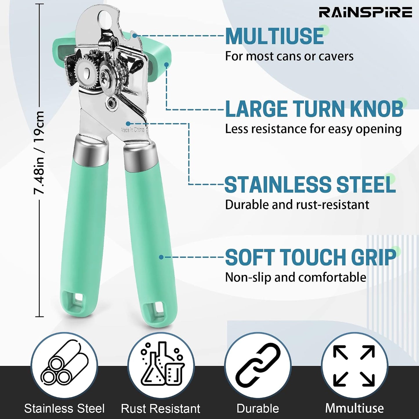 Rainspire Can Opener Manual Handheld Strong Manual Can Opener Smooth Edge Cut, Can Opener Heavy Duty, Comfortable Soft Handle, Built-in Bottle Opener, Turquoise