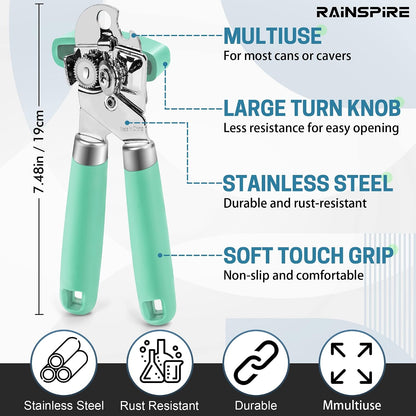 Rainspire Can Opener Manual Handheld Strong Manual Can Opener Smooth Edge Cut, Can Opener Heavy Duty, Comfortable Soft Handle, Built-in Bottle Opener, Turquoise