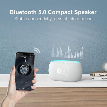 ANJANK White Noise Sound Machine Alarm Clock with Hi-Fi Bluetooth Speaker, 21 Soothing Sounds/7 Night Lights, 0-100% Dimmer/Sleep Timer/Volume Control, Soother for Adults Kids Sleeping, Bedroom, White