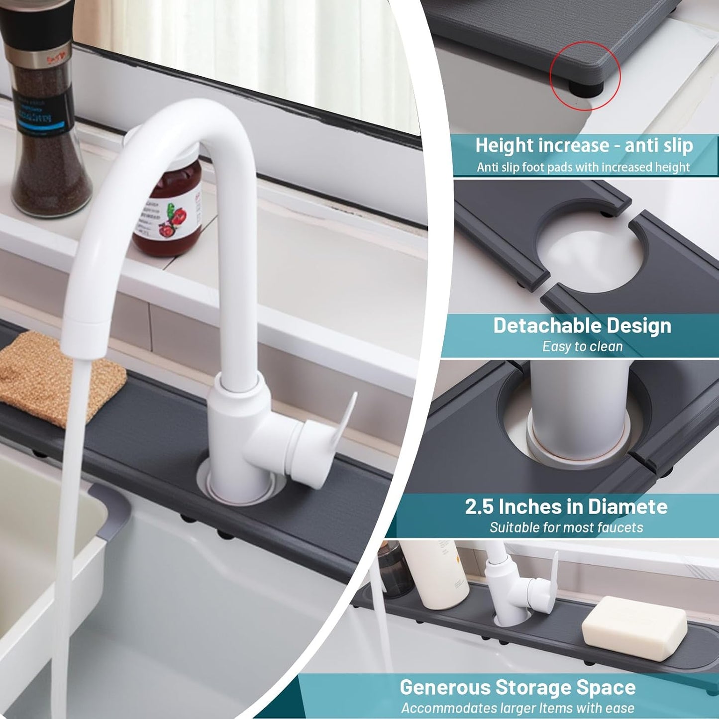 Faucet Mat for Kitchen Sink with Raised Feet, Stone Sink Mat Quick Dry around Faucet, Water Absorbent Stone Tray, Sink Splash Guard & Protectors, Stone Drying Mat for kitchen Counter