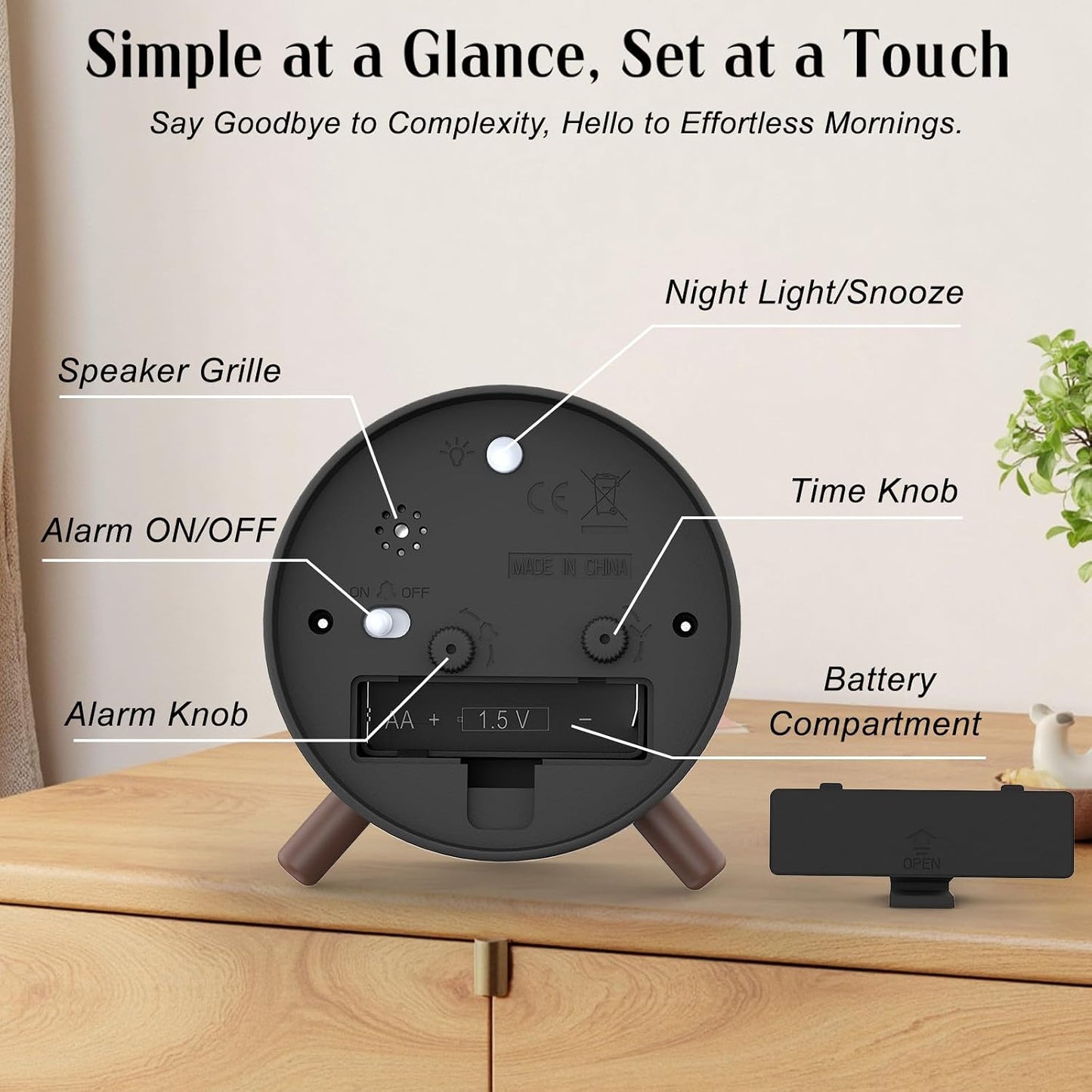 Analog Alarm Clock Night Ligh Battery Operated for Bedroom | Snooze 5mins Clear 94mm Case Silent Sweep under 20dB Decor for Desk Nightstand Office Ideal Gift for Senior Students Travel