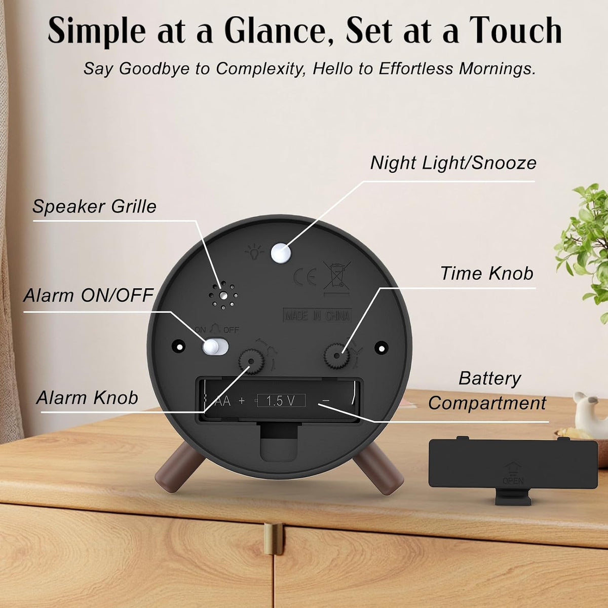 Analog Alarm Clock Night Ligh Battery Operated for Bedroom