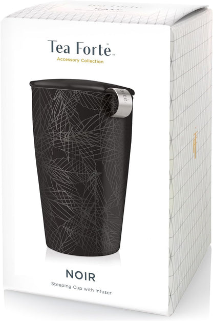Tea Forte Double-Walled Ceramic Kati Cup, Noir, 12 oz | Insulated Ceramic - Stainless Steel Loose Leaf Infuser - Keeps Tea Hot Longer - Lid Included - Microwave & Dishwasher Safe