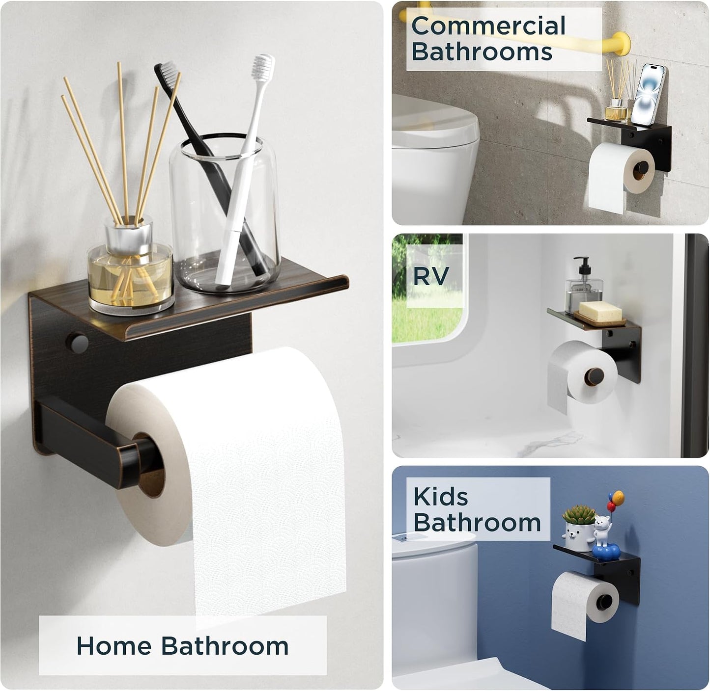 FORIOUS Toilet Paper Holder with Shelf, Adhesive or Screw, Commercial | Brushed Nickel | Wall Mount Bathroom Tissue Holder | SUS304 Stainless Steel Rustproof | Bathroom Tissue Roll Holder