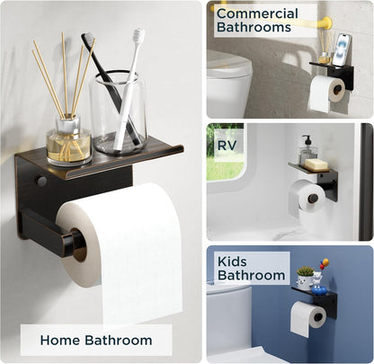 FORIOUS Toilet Paper Holder with Shelf, Adhesive or Screw, Commercial | Brushed Nickel | Wall Mount Bathroom Tissue Holder | SUS304 Stainless Steel Rustproof | Bathroom Tissue Roll Holder