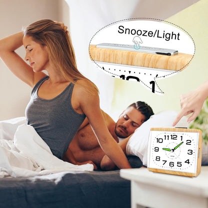 DTKID Large Alarm Clock for Bedside, Silent Non-Ticking Analog Clock with Night Light, Battery Powered, Gradually Increasing Alarm for Heavy Sleepers, Seniors