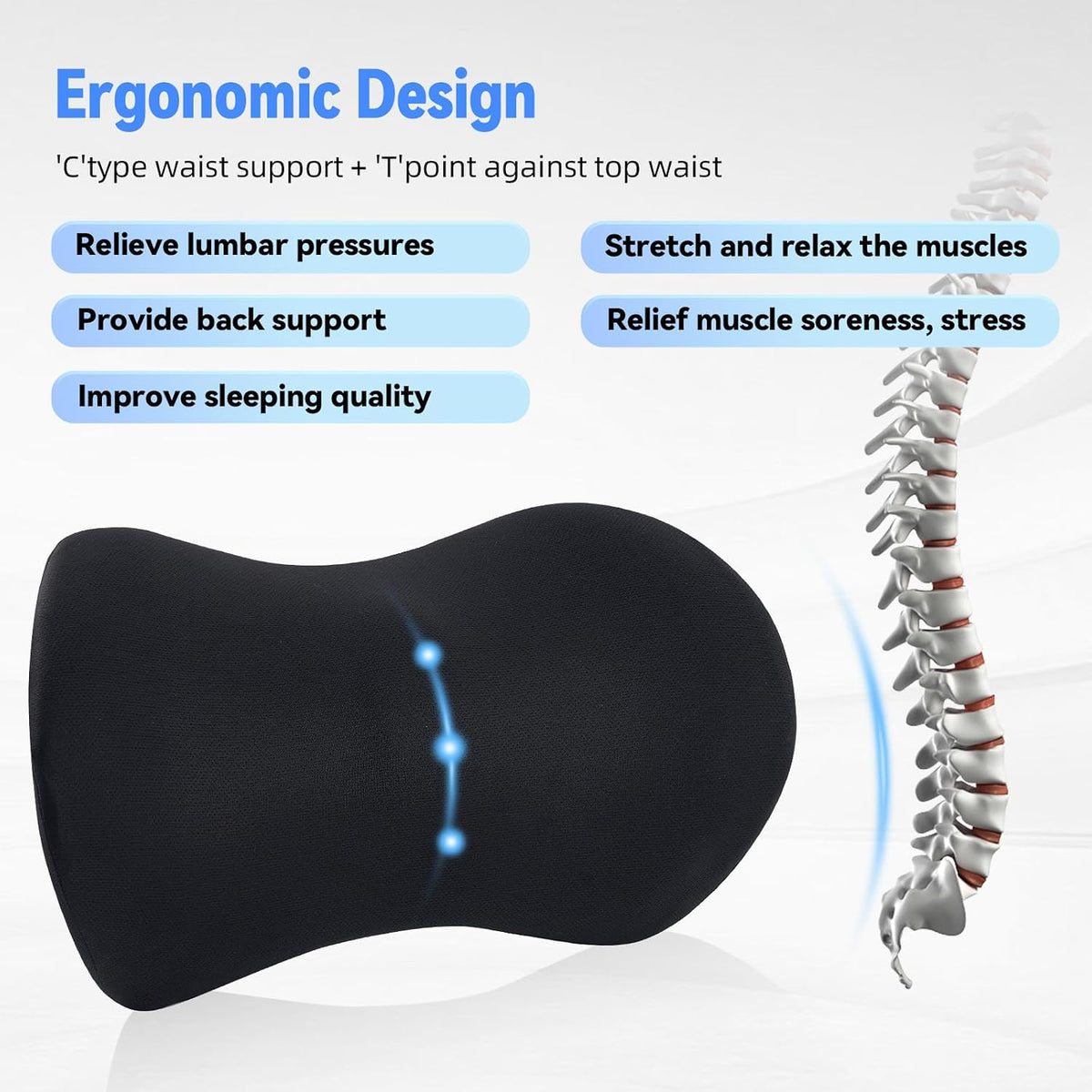 Lumbar Pillow, Memory Foam Lumbar Support Pillow for Office Chair and Car Seat, Ergonomic Streamline Back Pillow for Lower Back Pain Relief, Back Support Pillow for Sitting, Driving, Traveling