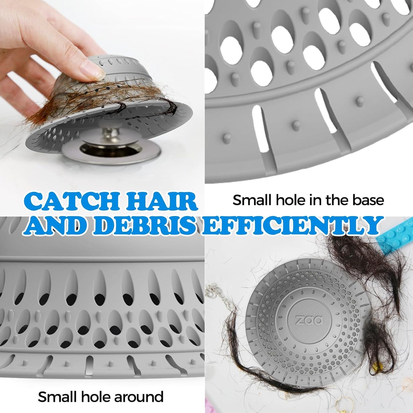 Bathtub Drain Strainer Silicone Bathroom Stopper Fixture Accessories | 2-Pack Gray Collapsible Shower Drain Hair Catcher for Pop Up Tubs, Traps Hair Before Clogs, Easy Clean for Bathroom Sinks