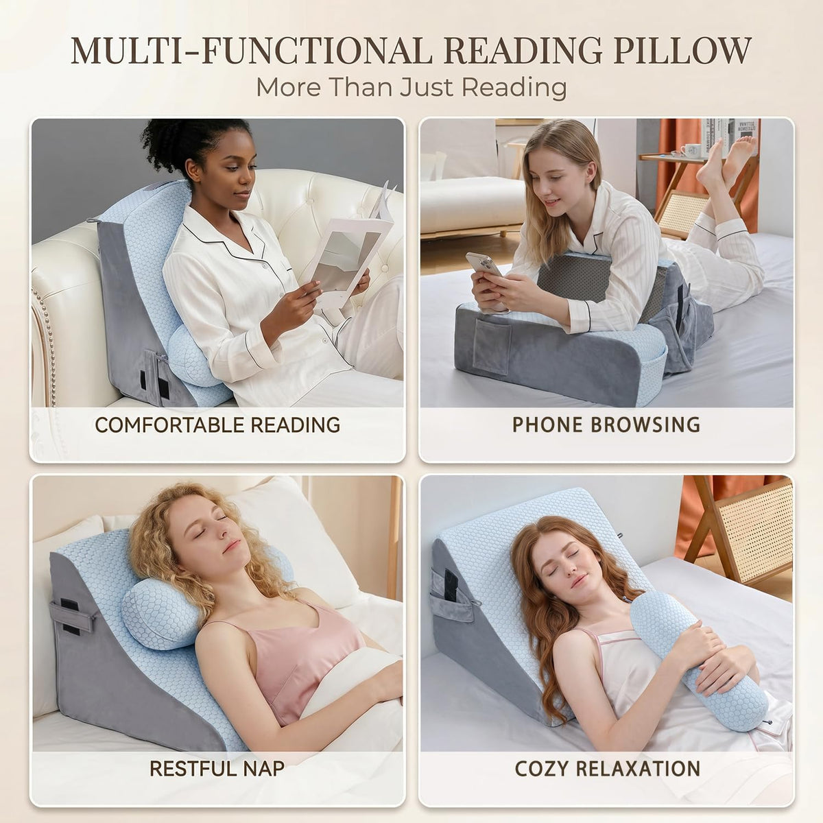21 INCH Reading Pillow for Adults, Back Pillow for Bed Sitting Up, Backrest Pillow for Sitting in Bed, Detachable Arms with Built-in Cup & Phone Caddy (Gray, 21 INCH)