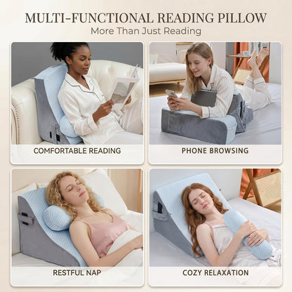 21 INCH Reading Pillow for Adults, Back Pillow for Bed Sitting Up, Backrest Pillow for Sitting in Bed, Detachable Arms with Built-in Cup & Phone Caddy (Gray, 21 INCH)