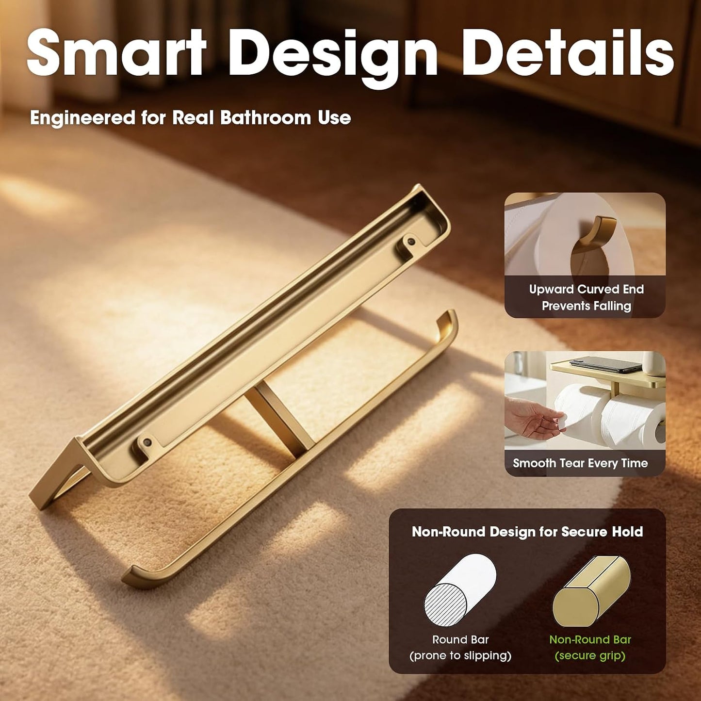 TRUSTMI Toilet Paper Holder with Phone Shelf, Zinc Alloy, Brushed Gold | Solid zinc alloy holder holds 15 lbs and fits jumbo rolls. Shelf stores phones and wipes for easy bathroom organization