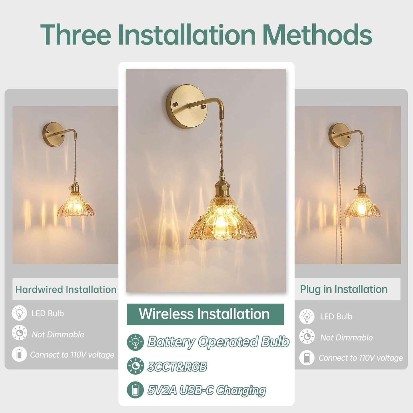 Shenmoyl Battery Operated Wall Sconce Wall Lamp with Green Lily of the Valley Shade Pattern Glass Adjustable Chain Retro Gold Wall Mounted Light, Modern Wall Lamp Fixtures Decor for Bedside Bedroom