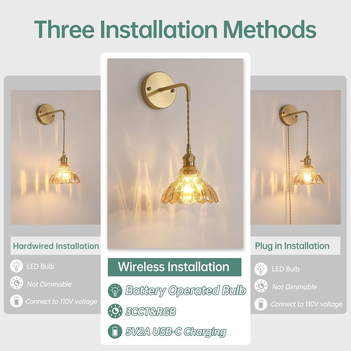 Shenmoyl Battery Operated Wall Sconce Wall Lamp with Green Lily of the Valley Shade Pattern Glass Adjustable Chain Retro Gold Wall Mounted Light, Modern Wall Lamp Fixtures Decor for Bedside Bedroom