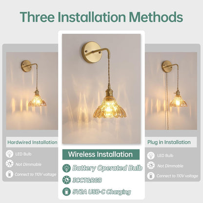 Shenmoyl Battery Operated Wall Sconce Wall Lamp with Green Lily of the Valley Shade Pattern Glass Adjustable Chain Retro Gold Wall Mounted Light, Modern Wall Lamp Fixtures Decor for Bedside Bedroom