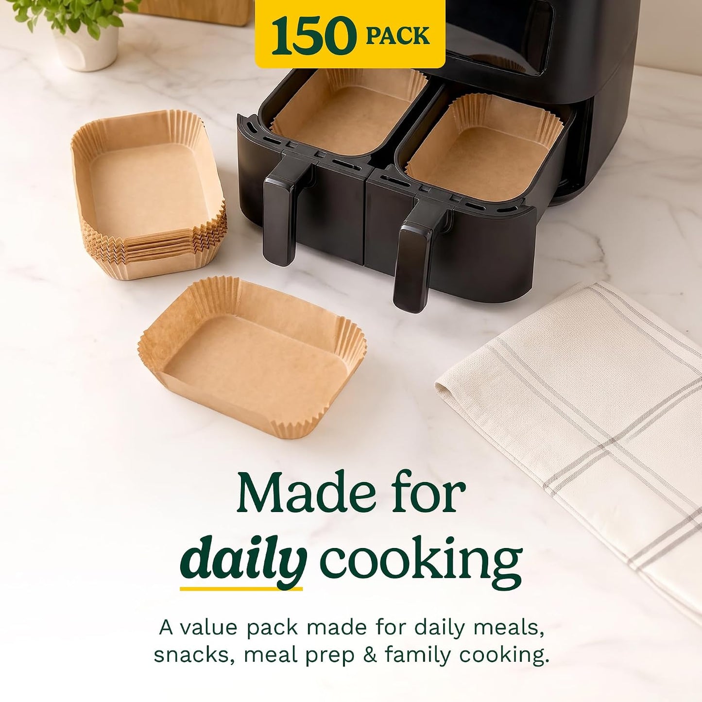 Cuisinart Air Fryer Liners Disposable, 150 Pack, 7.75" Square | Food-grade unbleached silicone-coated parchment for air fryer basket, non-stick to 428F, traps grease, oven & microwave safe