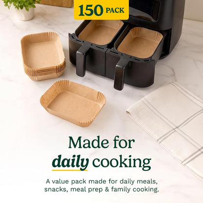 Cuisinart Air Fryer Liners Disposable, 150 Pack, 7.75" Square | Food-grade unbleached silicone-coated parchment for air fryer basket, non-stick to 428F, traps grease, oven & microwave safe