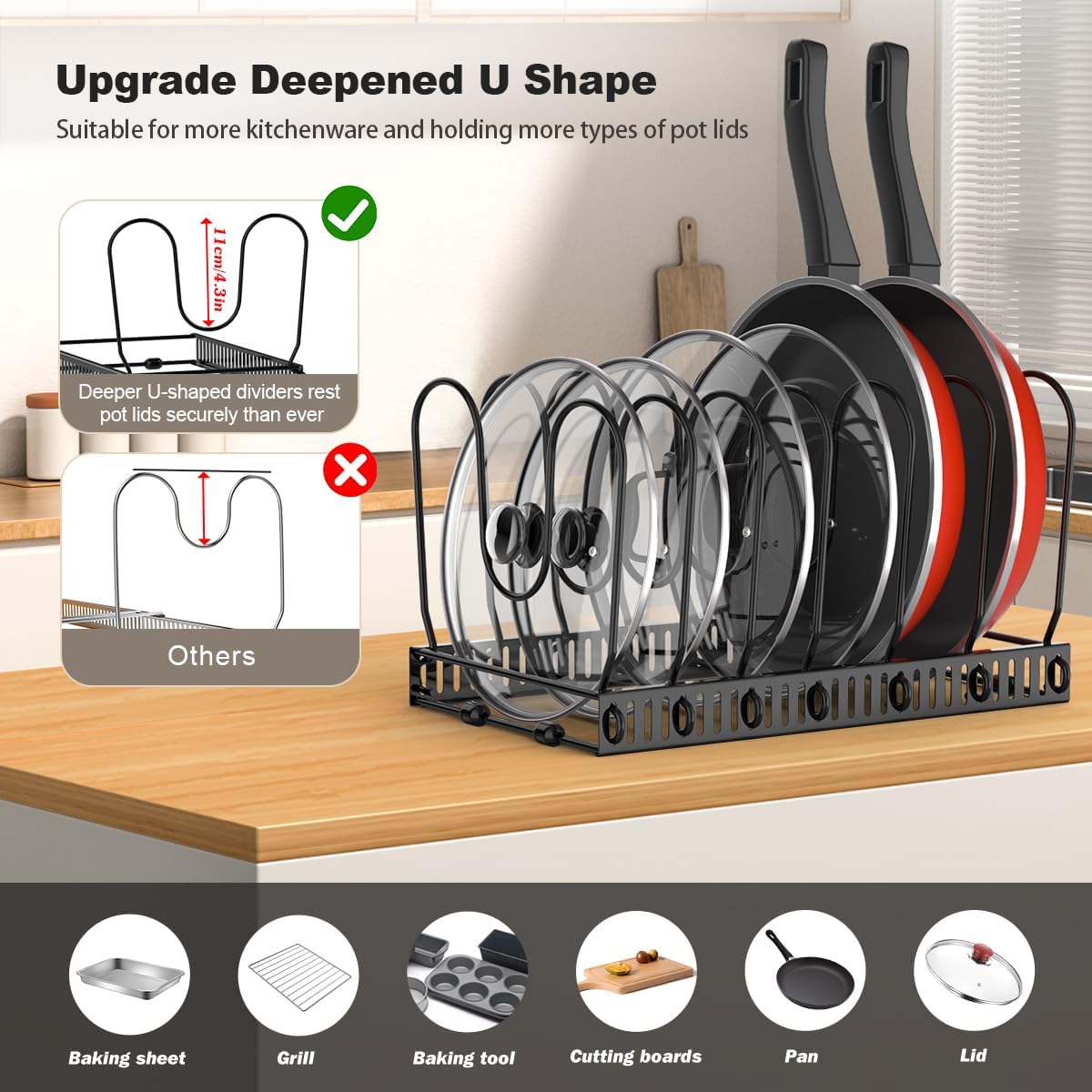 Housolution Pot and Pan Lid Organizer Holder Storage Rack, Black | 12"-23" Expandable, 14 Adjustable Dividers, Sturdy Metal Construction, Easy Assembly